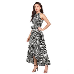 Mayawye Women's Polyester Zebra Pattern Halter Neck Sleeveless Dress (White)