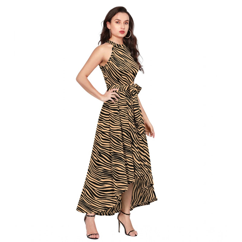 Mayawye Women's Polyester Zebra Pattern Halter Neck Sleeveless Dress (Yellow)