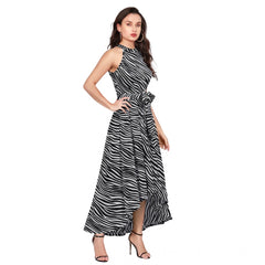 Mayawye Women's Polyester Zebra Pattern Halter Neck Sleeveless Dress (Navy Blue)