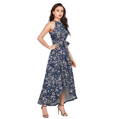 Mayawye Women's Polyester Printed Halter Neck Sleeveless Dress (Blue)
