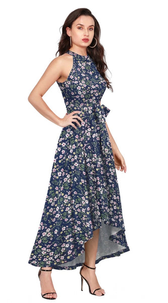 Mayawye Women's Polyester Printed Halter Neck Sleeveless Dress (Blue)