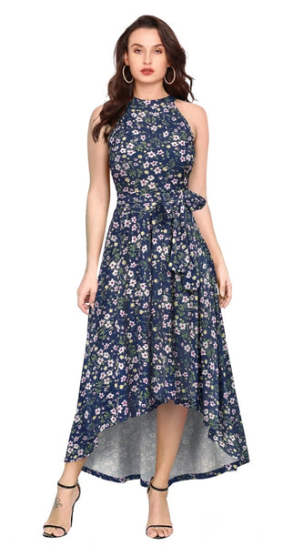 Mayawye Women's Polyester Printed Halter Neck Sleeveless Dress (Blue)