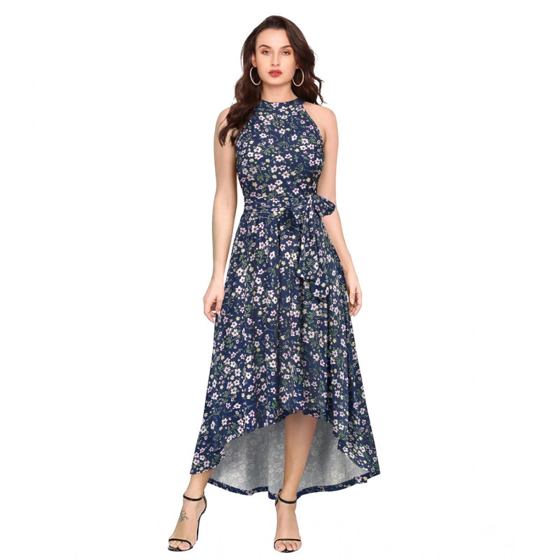Mayawye Women's Polyester Printed Halter Neck Sleeveless Dress (Blue)
