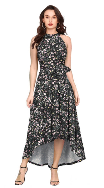Mayawye Women's Polyester Printed Halter Neck Sleeveless Dress (Black)
