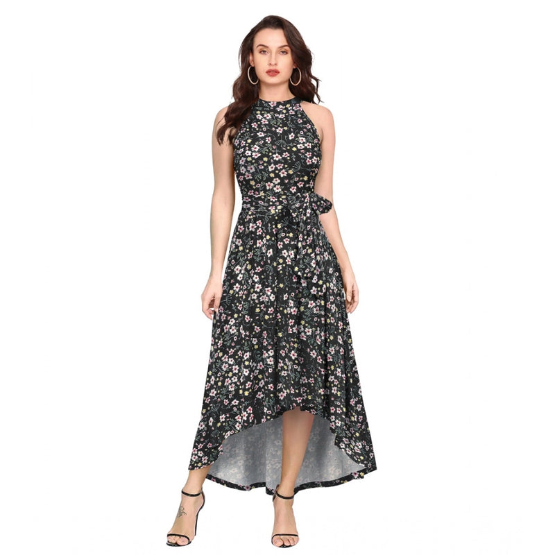 Mayawye Women's Polyester Printed Halter Neck Sleeveless Dress (Black)