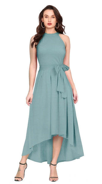 Mayawye Women's Polyester Solid Halter Neck Sleeveless Dress (Pista)