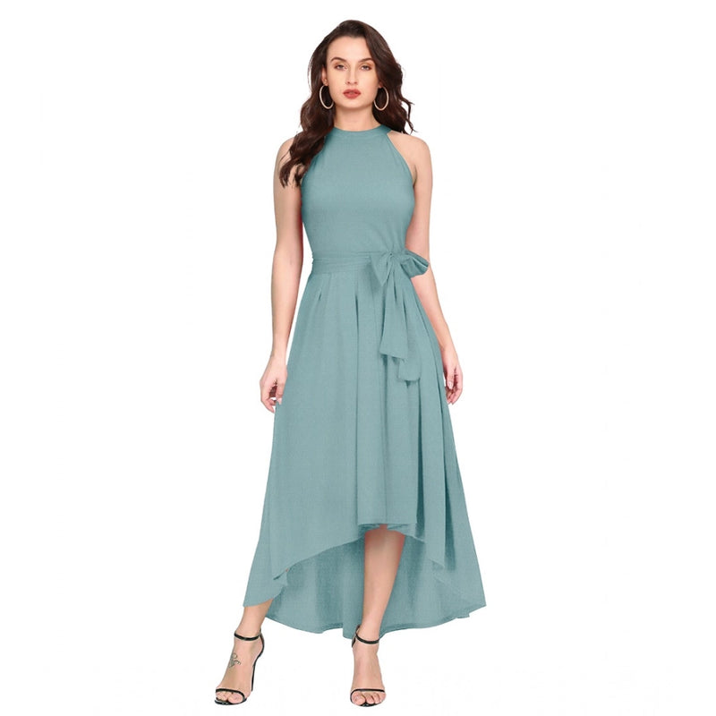Mayawye Women's Polyester Solid Halter Neck Sleeveless Dress (Pista)