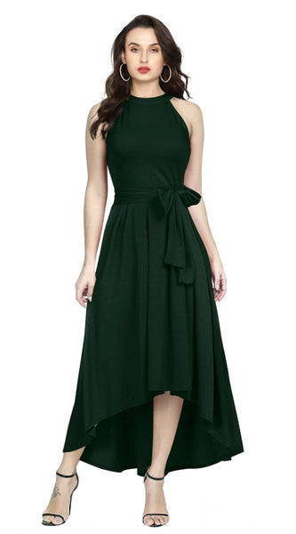 Mayawye Women's Polyster Solid Halter Neck Sleeveless Dress (Green)