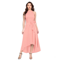 Mayawye Women's Polyster Solid Halter Neck Sleeveless Dress (Peach)