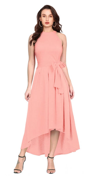 Mayawye Women's Polyster Solid Halter Neck Sleeveless Dress (Peach)
