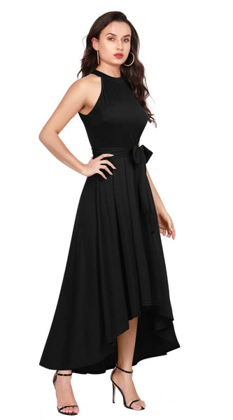 Mayawye Women's Polyster Solid Halter Neck Sleeveless Dress (Black)