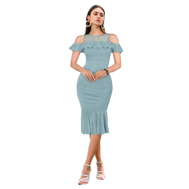 Mayawye Women's Knitting stretchable Solid Round Neck Sleeveless Dress (Pista )