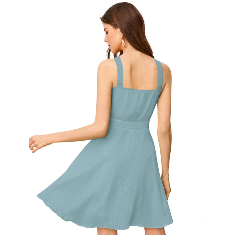 Mayawye Women's Knitting stretchable Solid Halter Neck Sleeveless Dress (Pista )