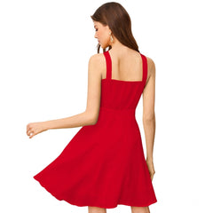 Mayawye Women's Knitting stretchable Solid Halter Neck Sleeveless Dress (Red )
