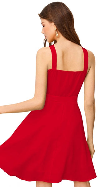 Mayawye Women's Knitting stretchable Solid Halter Neck Sleeveless Dress (Red )