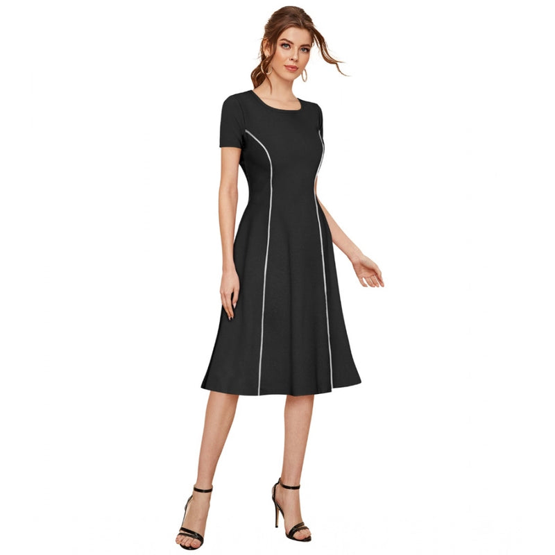 Mayawye Women's Knitting stretchable Solid Round Neck Cap Sleeve Dress (Black)