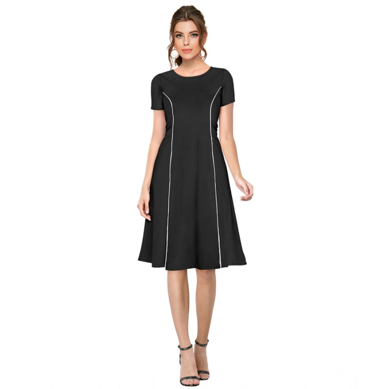 Mayawye Women's Knitting stretchable Solid Round Neck Cap Sleeve Dress (Black)