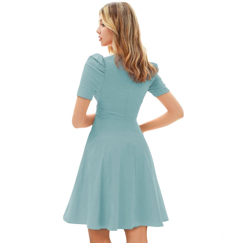 Mayawye Women's Knitting stretchable Solid V Neck Cap Sleeve Dress (Pista)