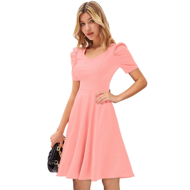 Mayawye Women's Knitting stretchable Solid V Neck Cap Sleeve Dress (Peach)