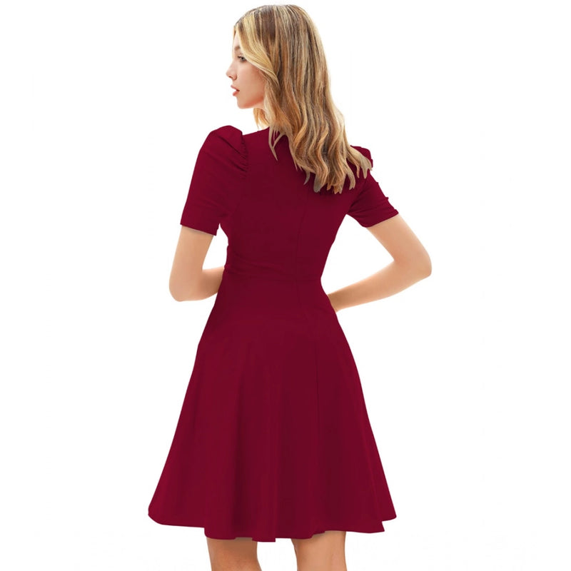 Mayawye Women's Knitting stretchable Solid V Neck Cap Sleeve Dress (Maroon)