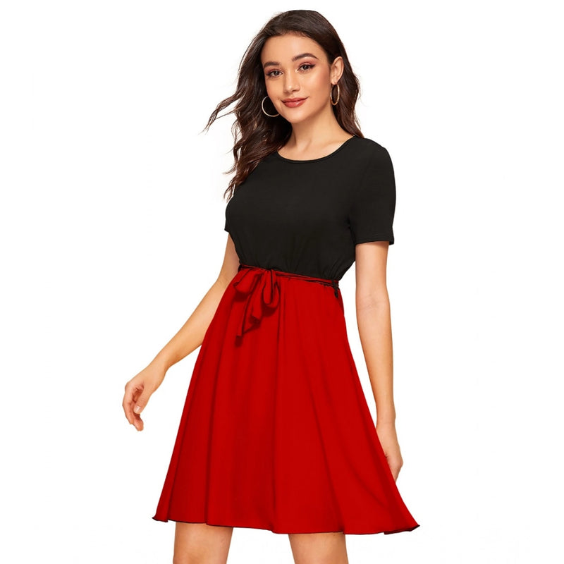 Mayawye Women's Knitting stretchable Solid Round Neck Cap Sleeve Dress (Red)