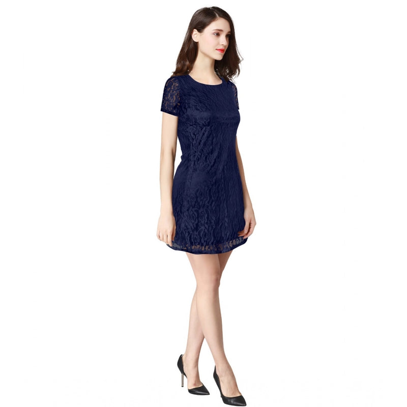 Mayawye Women's Rasal Solid Round Neck Cap Sleeve Dress (Blue)