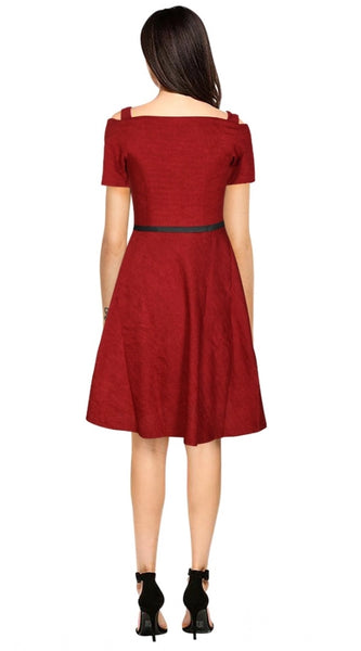 Mayawye Women's Polyester Solid V Neck Cap Sleeve Dress (Maroon)