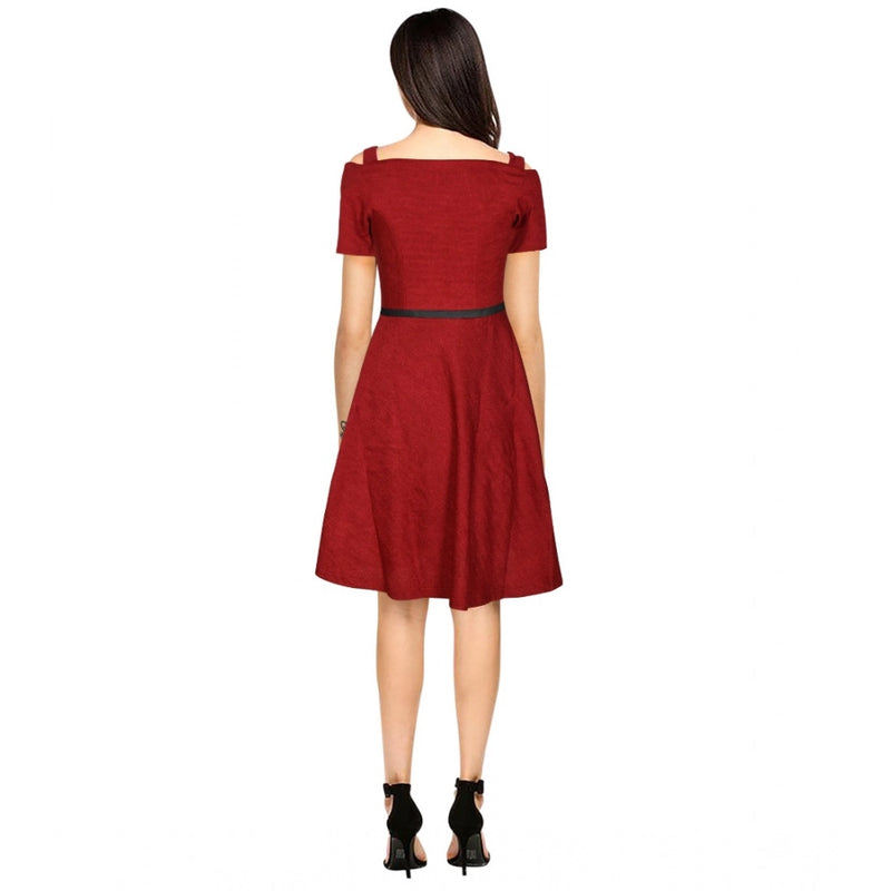 Mayawye Women's Polyester Solid V Neck Cap Sleeve Dress (Maroon)