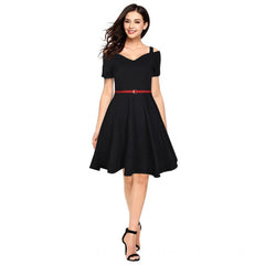 Mayawye Women's Polyester Solid V Neck Cap Sleeve Dress (Black)
