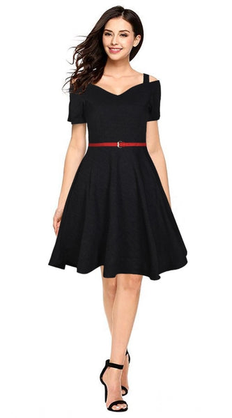 Mayawye Women's Polyester Solid V Neck Cap Sleeve Dress (Black)