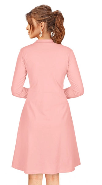 Mayawye Women's Knitting stretchable Solid Round Neck Full Sleeve Dress (Peach)