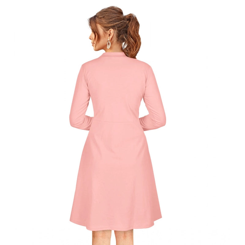 Mayawye Women's Knitting stretchable Solid Round Neck Full Sleeve Dress (Peach)