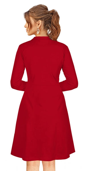 Mayawye Women's Knitting stretchable Solid Round Neck Full Sleeve Dress (Red)