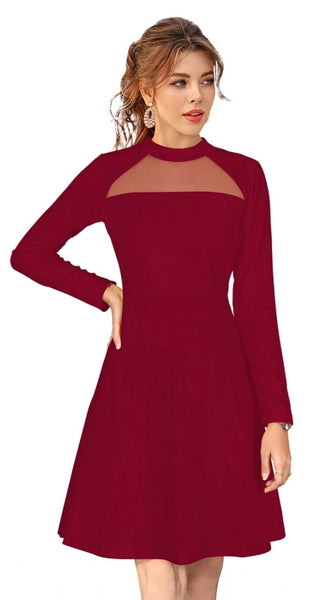 Mayawye Women's Knitting stretchable Solid Round Neck Full Sleeve Dress (Maroon)