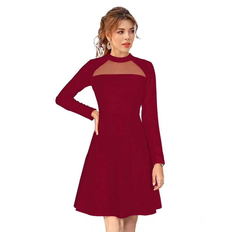 Mayawye Women's Knitting stretchable Solid Round Neck Full Sleeve Dress (Maroon)