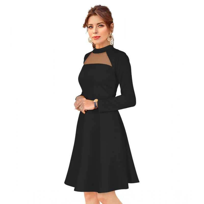 Mayawye Women's Knitting stretchable Solid Round Neck Full Sleeve Dress (Black)