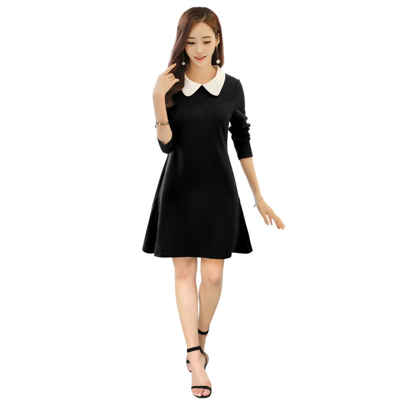 Mayawye Women's Polyester Solid Collar 3-4th Dress (Black)