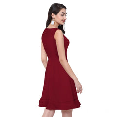Mayawye Women's Polyester Solid Round Neck Sleeveless Dress (Maroon)