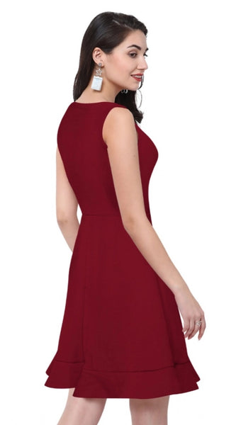 Mayawye Women's Polyester Solid Round Neck Sleeveless Dress (Maroon)