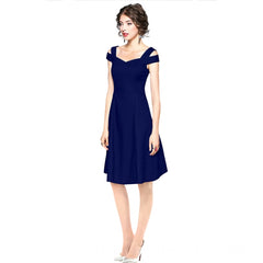 Mayawye Women's Polyester Solid V Neck Cap Sleeve off Shoulder Dress (Blue)
