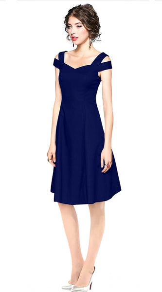 Mayawye Women's Polyester Solid V Neck Cap Sleeve off Shoulder Dress (Blue)