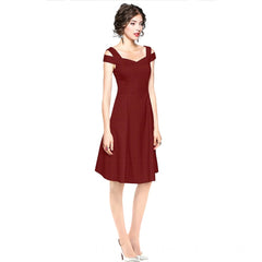 Mayawye Women's Polyester Solid V Neck Cap Sleeve off Shoulder Dress (Maroon)