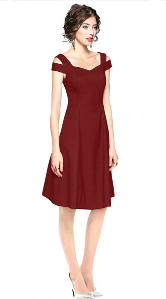 Mayawye Women's Polyester Solid V Neck Cap Sleeve off Shoulder Dress (Maroon)