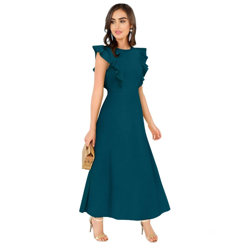 Mayawye Women's Knitting stretchable Solid Round Neck Ruffled Sleeve Dress (Morpich)