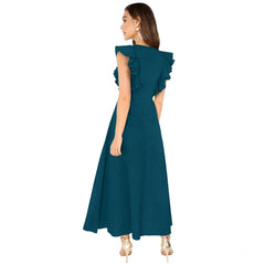 Mayawye Women's Knitting stretchable Solid Round Neck Ruffled Sleeve Dress (Morpich)
