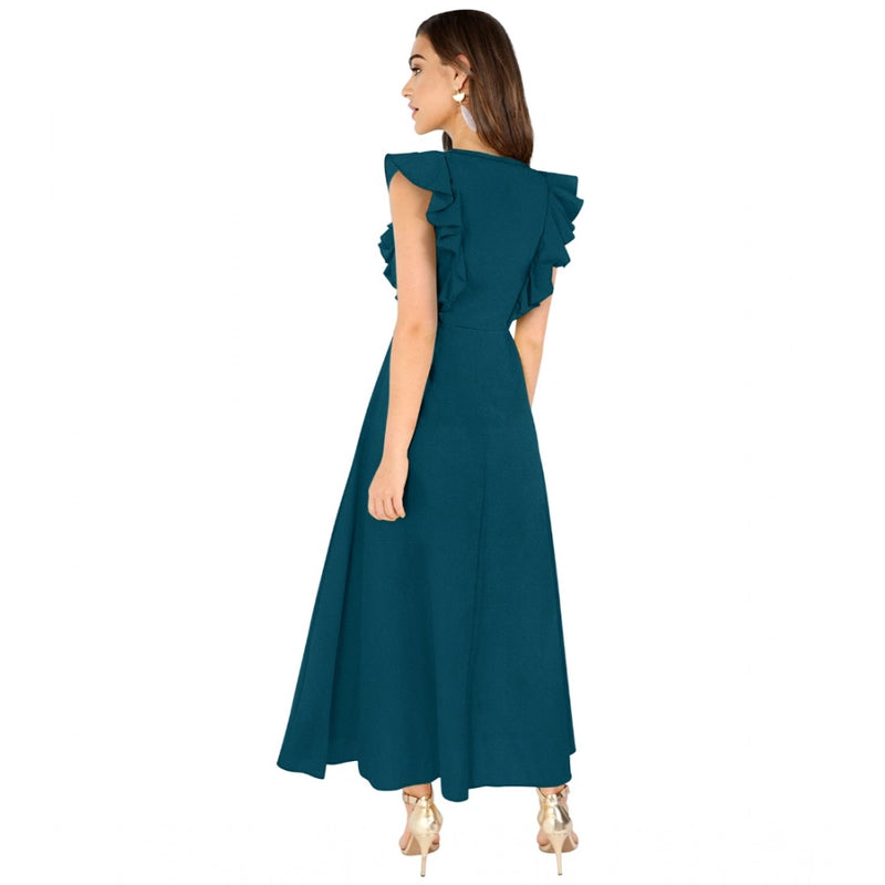 Mayawye Women's Knitting stretchable Solid Round Neck Ruffled Sleeve Dress (Morpich)