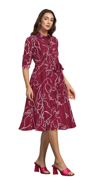 Mayawye Women's Ruby Cotton Printed Shirt Collar 3-4th Sleeve Dress (Maroon)
