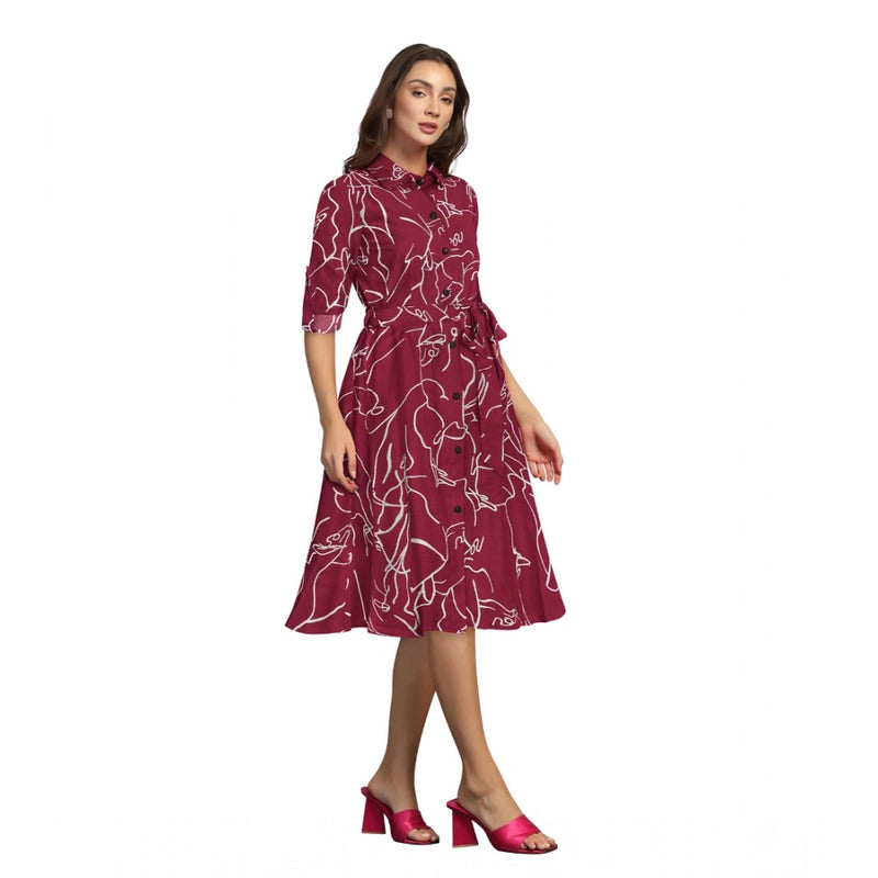 Mayawye Women's Ruby Cotton Printed Shirt Collar 3-4th Sleeve Dress (Maroon)