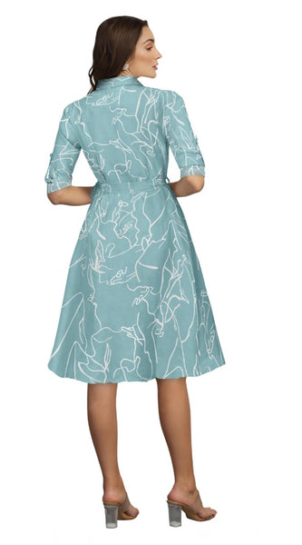 Mayawye Women's Ruby Cotton Printed Shirt Collar 3-4th Sleeve Dress (Pista)
