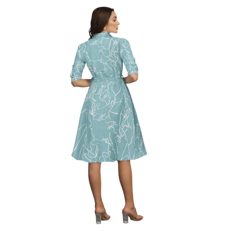 Mayawye Women's Ruby Cotton Printed Shirt Collar 3-4th Sleeve Dress (Pista)